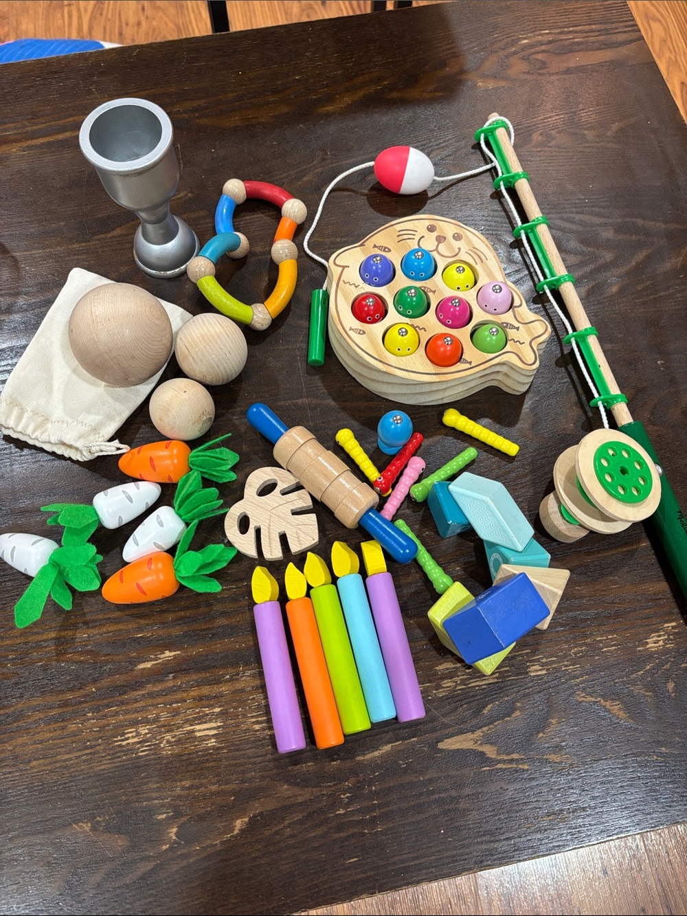 Wooden Educational Play Set with Colorful Fishing & Pretend Food Pieces